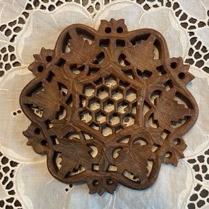 Vintage boho wood trivet crystal stand hand carved India